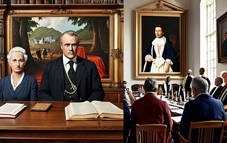 **

A split image depicting St. Helena: On the left, a historical scene with a British governor and formal colonial setting, symbolizing the island's past under British rule. On the right, a modern scene with local St. Helenians in a council meeting, discussing self-governance and future development, representing their aspirations for increased autonomy.

**