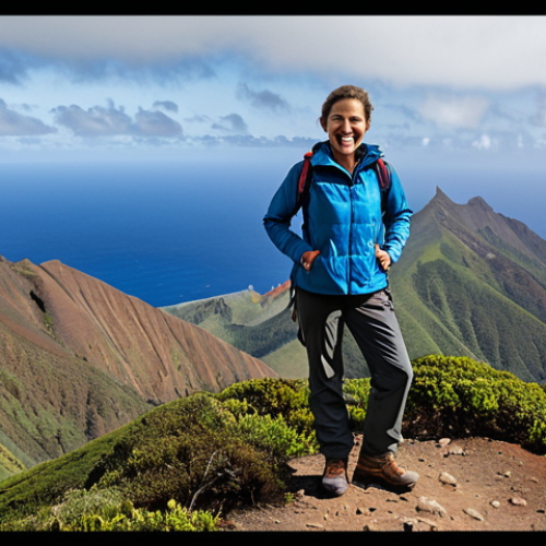 Home 17 Diana's Peak Trek**
"A fully clothed female hiker with perfect anatomy, wearing modest hiking gear (trekking pants, hiking boots, and a light jacket) stands triumphantly on Diana's Peak, Saint Helena. Correct proportions. The scene is panoramic, showcasing the island's landscape with rolling hills and some clouds. Safe for work. Appropriate content. Professional photography. Family-friendly. She is smiling confidently, well-formed hands, proper finger count, natural pose, safe for work."
**
