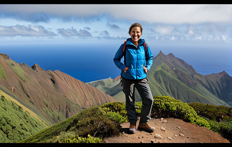 Diana's Peak Trek**

"A fully clothed female hiker with perfect anatomy, wearing modest hiking gear (trekking pants, hiking boots, and a light jacket) stands triumphantly on Diana's Peak, Saint Helena. Correct proportions. The scene is panoramic, showcasing the island's landscape with rolling hills and some clouds. Safe for work. Appropriate content. Professional photography. Family-friendly. She is smiling confidently, well-formed hands, proper finger count, natural pose, safe for work."

**
