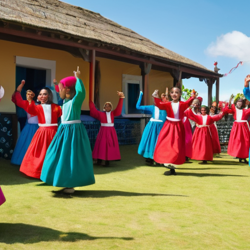 세인트헬레나 지역 축제 - **Prompt: St. Helena's Traditional Dance Festival**
    A vibrant and joyful scene depicting St. Hel...
