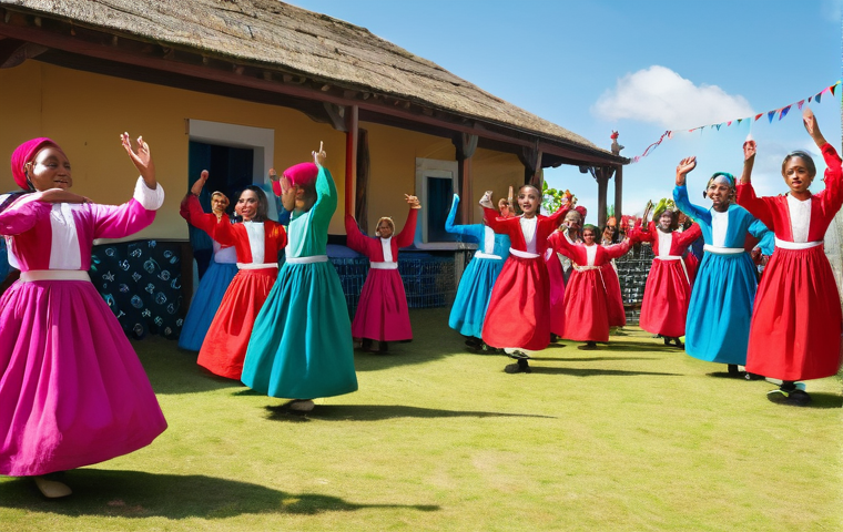 세인트헬레나 지역 축제 - **Prompt: St. Helena's Traditional Dance Festival**
    A vibrant and joyful scene depicting St. Hel...