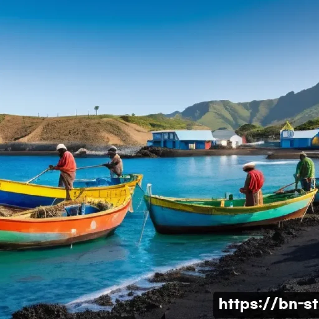 세인트헬레나 주요 산업 - A vibrant coastal fishing village on Saint Helena island during early morning, featuring local fishe...