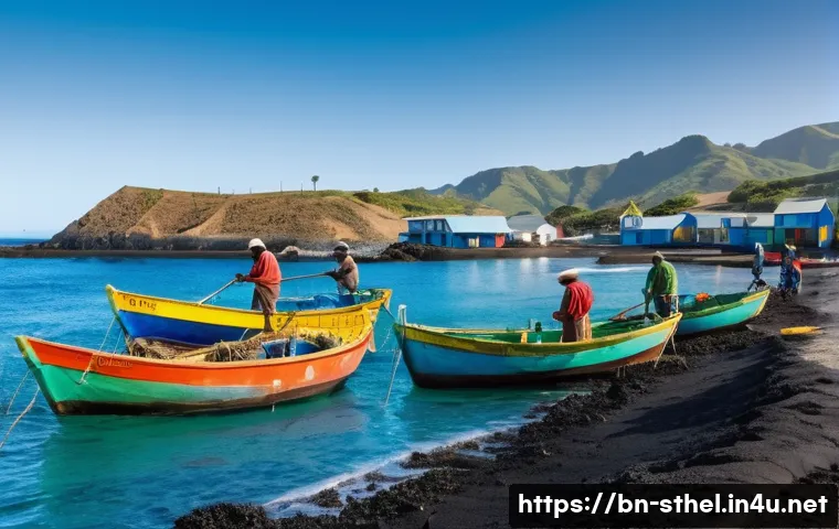 세인트헬레나 주요 산업 - A vibrant coastal fishing village on Saint Helena island during early morning, featuring local fishe...
