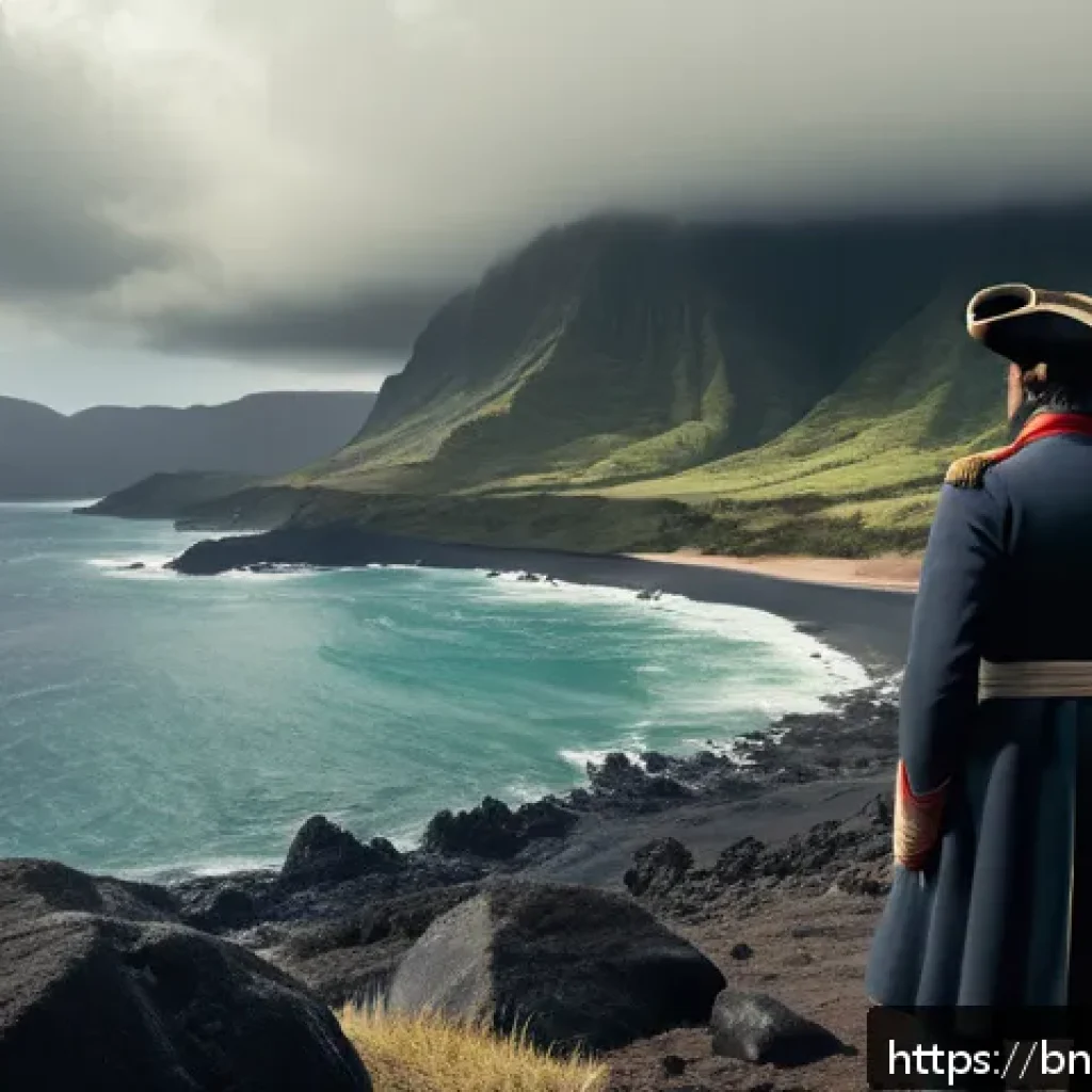 세인트헬레나 나폴레옹 최후의 날 - A detailed scene of Napoleon Bonaparte’s exile on Saint Helena Island, capturing the island’s harsh ...