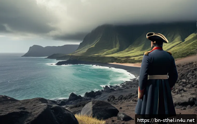 세인트헬레나 나폴레옹 최후의 날 - A detailed scene of Napoleon Bonaparte’s exile on Saint Helena Island, capturing the island’s harsh ...