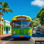 세인트헬레나 교통 수단 비교 - A vibrant street scene in Saint Helena featuring a colorful local bus stopping at a bustling bus sto...