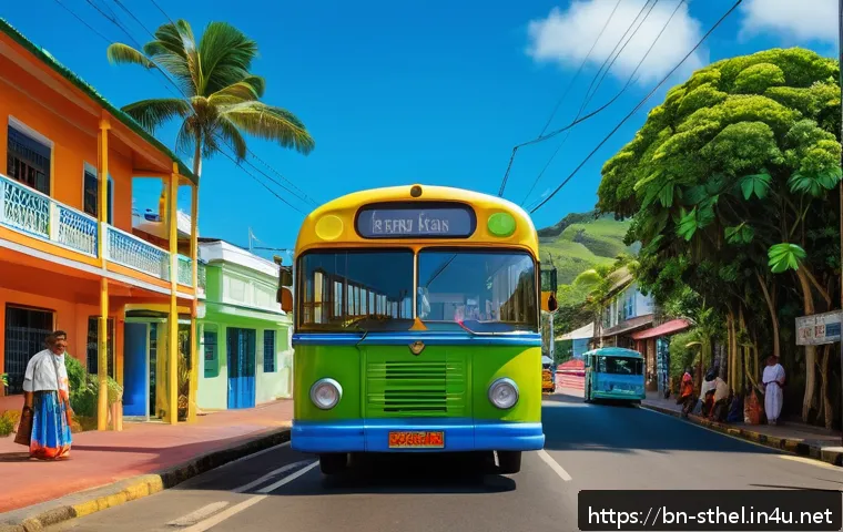 세인트헬레나 교통 수단 비교 - A vibrant street scene in Saint Helena featuring a colorful local bus stopping at a bustling bus sto...